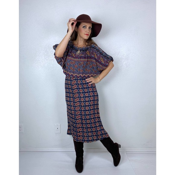 vintage 70s Wide Sleeve FLORAL PRINT Boho DRESS Small peasant dolman sleeve midi - Picture 8 of 10